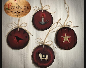 Hand Painted Primitive Christmas Wooden Ornaments/Raven/Candle/Star/Sheep/Individual or Set of 4