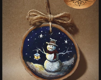 Hand Painted Primitive Snowman Wood Ornament/Ready to Ship