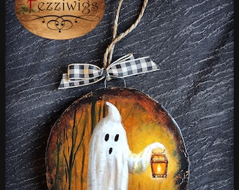 Hand Painted "Haunted Forest" Halloween Ghost Wooden Ornament