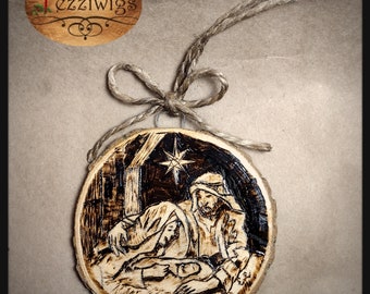 Hand Painted Nativity Scene Rustic Wood Burned Ornament/Ready to Ship