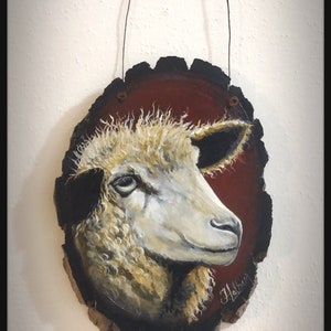 Hand Painted Rustic/Primitive/Country/Sheep on Wood Log Slice