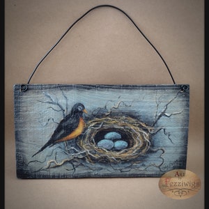 Original "Robin and Nest" Spring/Easter 5"x10" Painting on Reclaimed Barn Wood / Primitive/Rustic Decor