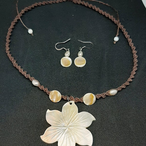 Mother of Pearl Tropical Flower Pendant/Brown Spiral Hemp 17" Necklace/Small Hemp Braid/Stainless Steel MOP Shell Earrings/Ready to Ship