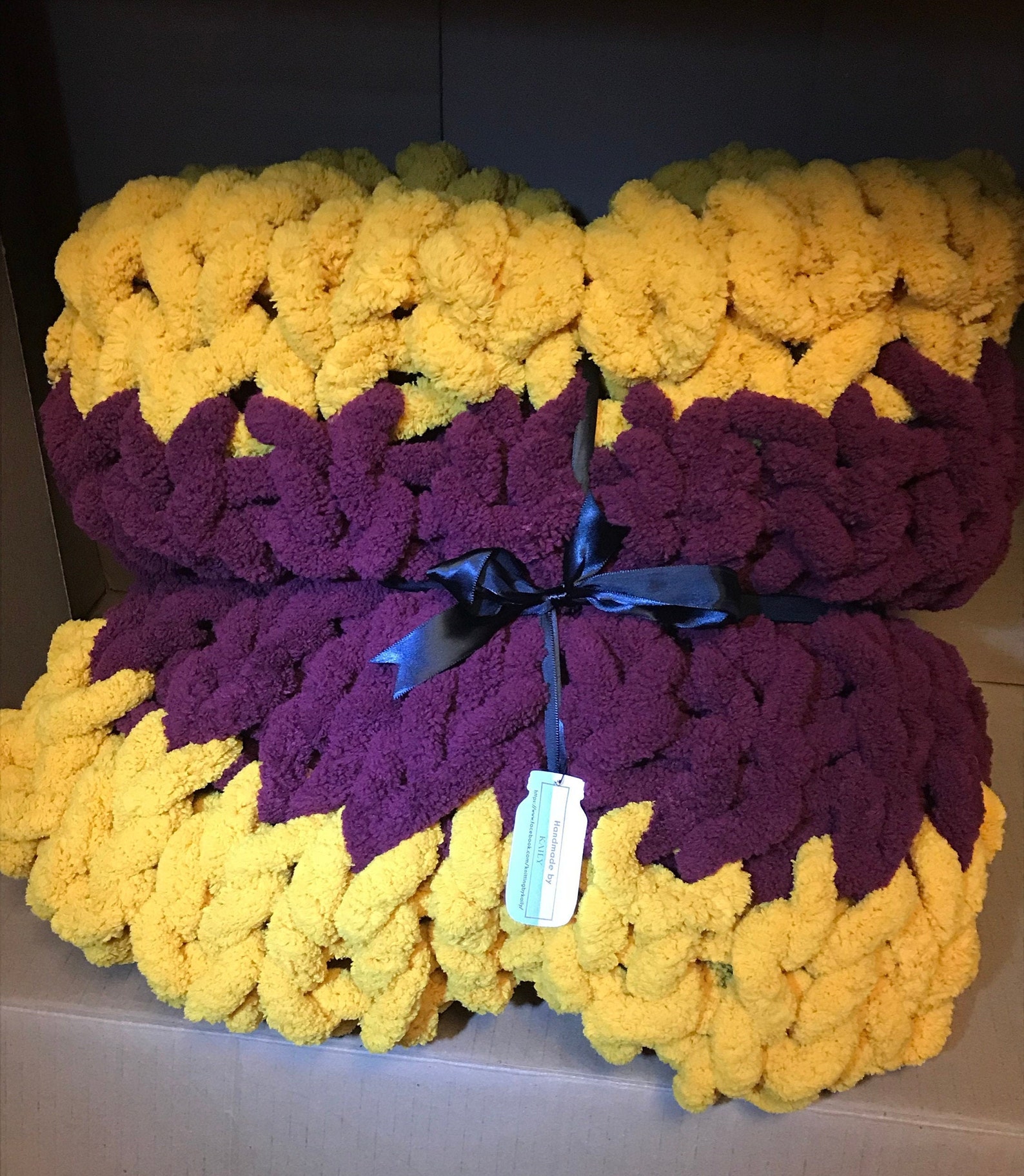 Maroon and Gold Chunky Blankets Handmade Knitted Blanket, Heavy, Decor