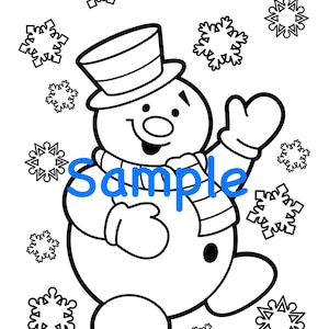 May include: A black and white line drawing of a snowman wearing a hat and scarf. The snowman is waving with one arm and has a happy expression on its face. There are snowflakes in the background.