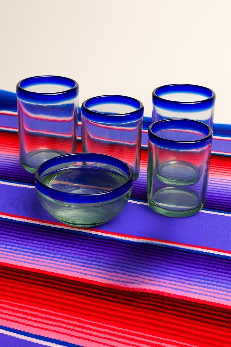 Hand Blown 10oz Blue Rim Glassware - Etsy