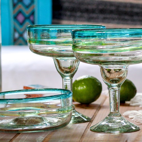 4 Hand Blown Margarita Glasses Confetti Base Etsy