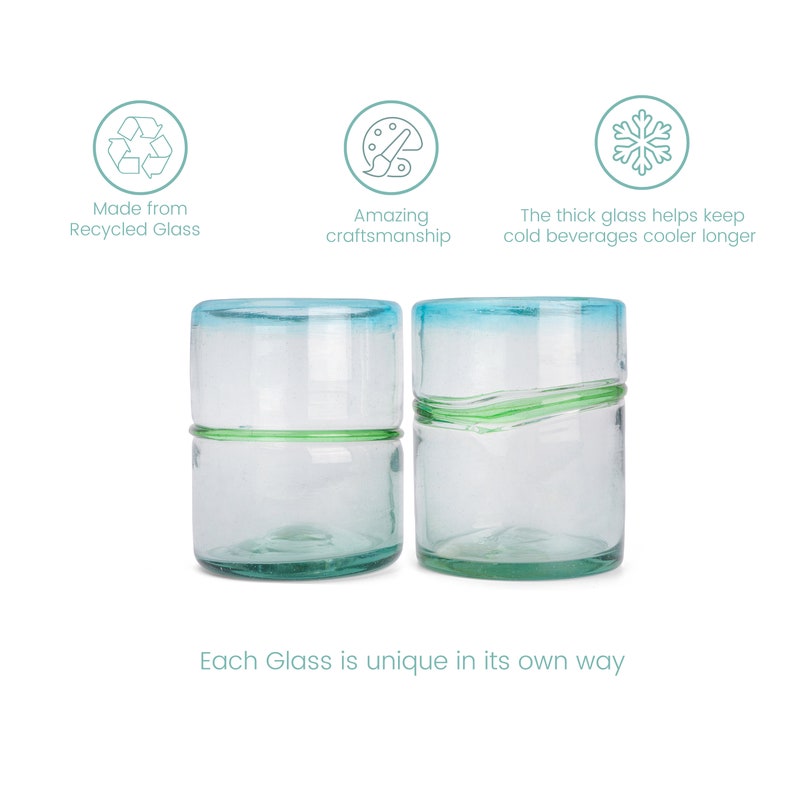 May include: Two clear glass tumblers with light blue rims and green horizontal accents. Text includes: Made from Recycled Glass, Amazing craftsmanship, The thick glass helps keep cold beverages cooler longer, and Each Glass is unique in its own way.