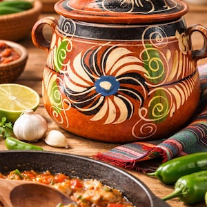 Puede incluir: Una olla de cocina de terracota pintada a mano con tapa, con diseños florales en blanco, negro, verde y azul. La olla está sobre una superficie de madera, junto con ingredientes como ajo, lima y chiles.