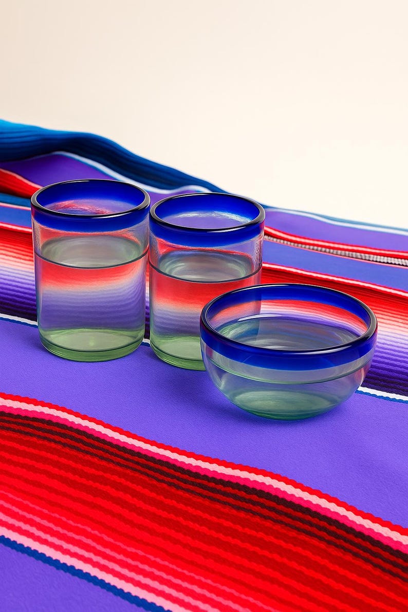 Hand Blown 10oz Blue Rim Glassware - Etsy