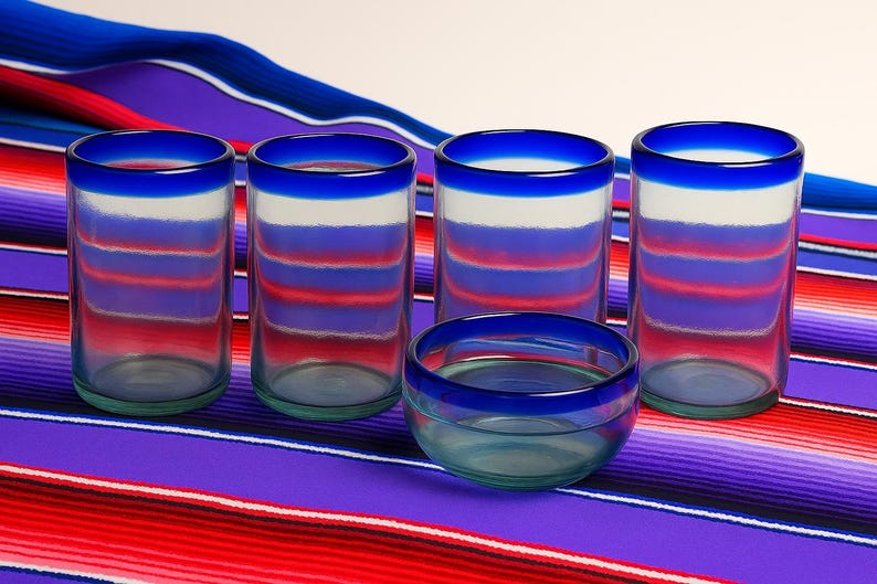 Hand Blown 16oz Blue Rim Drinking Glasses - Etsy