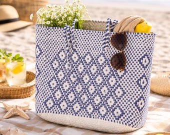 Oaxacan Tote Bag Blue and White
