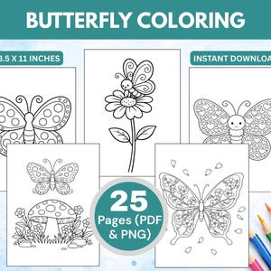 Puede incluir: Un conjunto de páginas para colorear con mariposas, con diversos diseños de mariposas y elementos florales. Las páginas miden 21,59 x 27,94 cm y están disponibles para descarga instantánea. Incluye el texto "BUTTERFLY COLORING" y "25 Pages (PDF & PNG)".