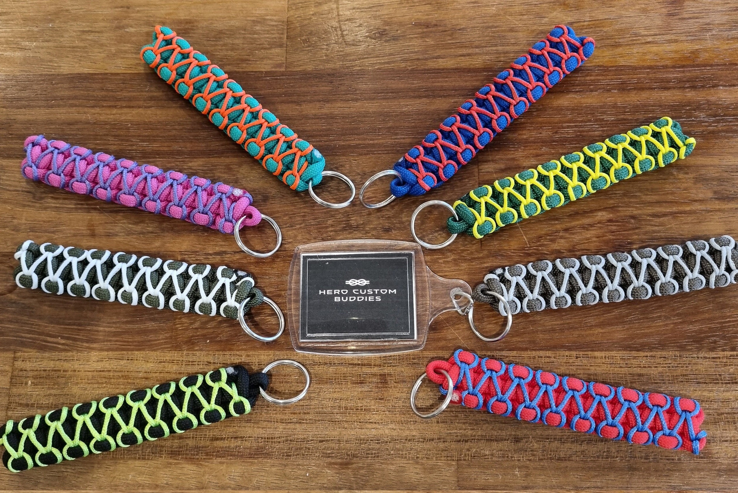 HeroCustomBuddies Paracord Keychain Duo Coloured Cobra Knot with Herringbone Stitch. 30+ Colours