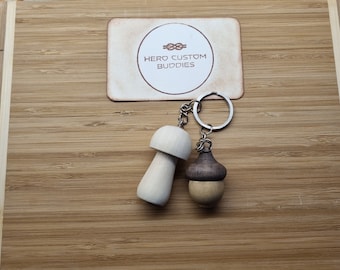 Wooden Mushroom and Acorn Keychain