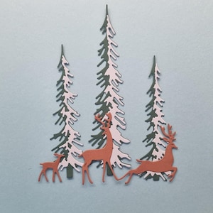 Árboles de invierno y ciervos troquelados para decorar tarjetas navideñas