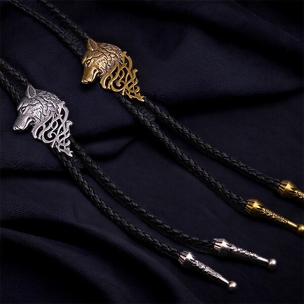 Handmade Gold or Silver Wolf Leather Bolo Tie