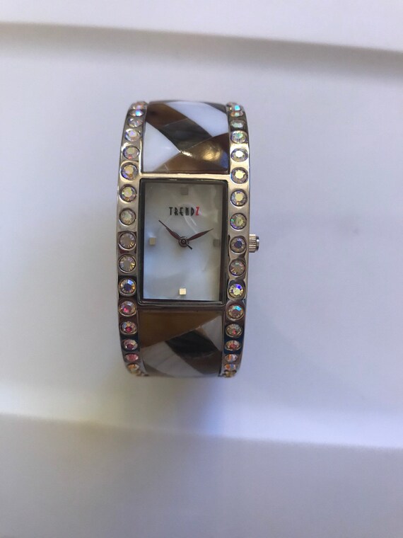 Trendz Mother of Pearl and Rhinestone Cuff Watch … - image 1