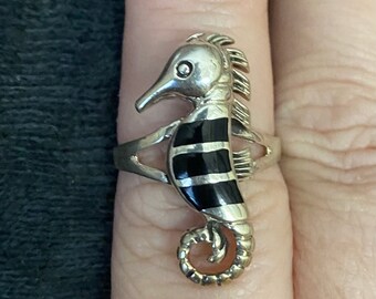 Handmade Seahorse Ring with Genuine Onyx