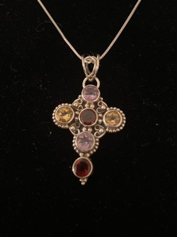 Garnet, Citrine and Amethyst Cross in Sterling Sil