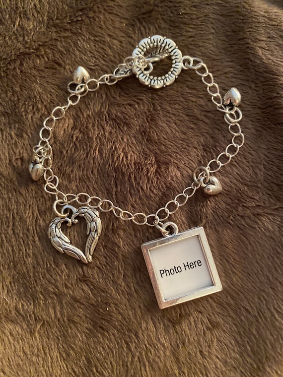 Family and Friends Silver Charm Bracelet with Angel Wing Heart photo holder and mini puffed Hearts can Customize