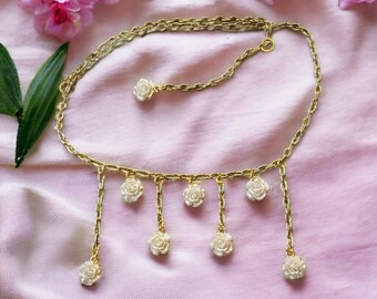 Handmade White Rose and Gold Chain Choker - Adjustable - Other Colors Available