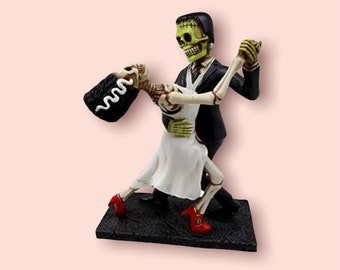 Hand Painted Frankenstein and his Skeleton Bride Dance at their Halloween Wedding Cake Topper/Statue!