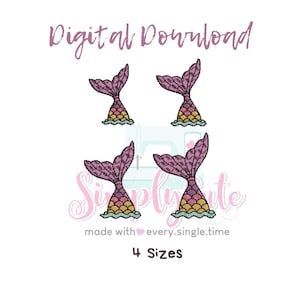 May include: Four digital embroidery designs of mermaid tails in four different sizes. The tails are pink, purple, and yellow with a wave design at the bottom.