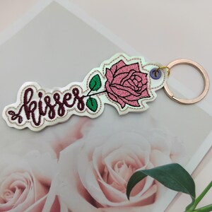Valentine&#39;s Day ITH Snap Tab Embroidery Design, Rose Flower In The Hoop Embroidery File, Flower ITH Key Fob Embroidery Design, Gift for her