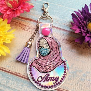 Personalize Girl wearing Face Mask Snap Tab , Embroidery Digital File Instant Download key fob, machine embroidery design, in the hoop