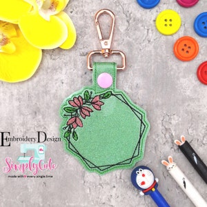 Floral Frame In The Hoop Snap Tab Keychain Embroidery Design, Snap Tab Keychain For Machine Embroidery, Key Fob Design, ITH Blank Key Fob