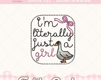 Diseños de bordado de fieltro Just a Girl, archivo de bordado de fieltro sarcástico divertido, diseño de bordado a máquina de fieltro ITH, carrete de insignia de pato