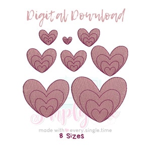 Könnte beinhalten: Digitaler Download von acht gestickten Herzdesigns in verschiedenen Größen. Die Herzen sind in einem gedämpften Rosaton mit dunkleren Rosastichen gehalten. Der Text "Digital Download" und "8 Sizes" ist sichtbar.
