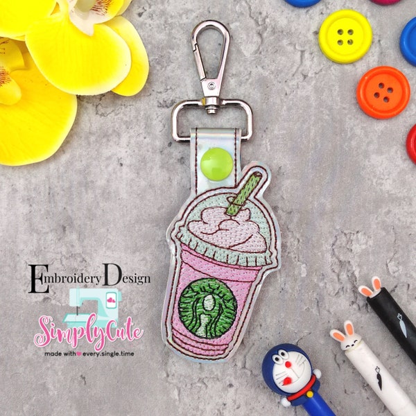 Frappe cup In The Hoop Snap Tab Embroidery Design, Snap Tab Keychain For Machine Embroidery, Key Fob Design,ITH Stickdateien,fit to 4x4 hoop