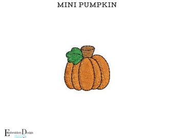 May include: Embroidery design of a small orange pumpkin with a green stem and leaf. The design is titled "Mini Pumpkin".