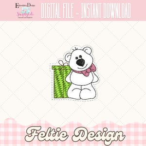 May include: A digital file featuring a white polar bear with a pink bow tie and a green gift box. The text "DIGITAL FILE - INSTANT DOWNLOAD" is at the top. The design is labeled "Feltie Design".