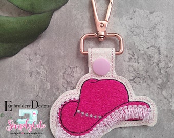 Cowboy Hats Fringed  Embroidery Designs, ITH Snap Tab Embroidery Design, Pink Cowgirl Hat Keychain