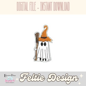 May include: A white ghost with an orange witch hat and a broom, a felt applique design for Halloween.