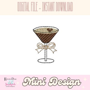 Mini Espresso Martini Machine Embroidery Design, Small Cocktail Drink Embroidery Files, Mini Coquette Bow Summer Drink Kitchen Embroidery