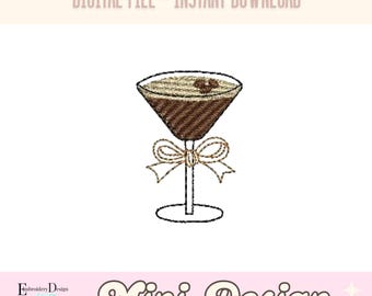 Mini Espresso Martini Machine Embroidery Design, Small Cocktail Drink Embroidery Files, Mini Coquette Bow Summer Drink Kitchen Embroidery