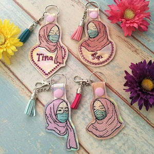 BUNDLE PACKAGE - Girl wearing Face Mask Snap Tab , Embroidery Digital File Instant Download key fob, machine embroidery design, in the hoop