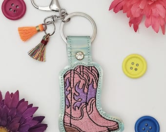 Cowgirl Boot ITH Embroidery Designs Snap Tab, Retro In The Hoop Embroidery Files Keychain, Mom ITH Key Fob Embroidery Design, Gift for Mom