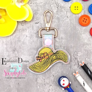 Straw Hat In The Hoop Snap Tab Key Fob Embroidery Design, Snap Tab Keychain For Machine Embroidery, Key Fob Design, ITH Blank Key Fob