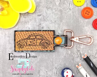 Vintage Car ITH Key Fob Embroidery Design File, Snap tab, In the Hoop Blank Key Fob Embroidery Machine Design, Key chain
