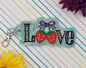 Love Strawberry Bow ITH Embroidery Designs Snap Tab, Strawberry Bow In The Hoop Embroidery Files Keychain, ITH Key Fob Embroidery Design