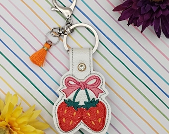 Coquette Bow Strawberry ITH Embroidery Designs Snap Tab, Strawberry In The Hoop Embroidery Files Keychain, ITH Key Fob Embroidery Design