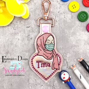 Personalize Girl wearing Face Mask Snap Tab , Embroidery Digital File Instant Download key fob, machine embroidery design, in the hoop