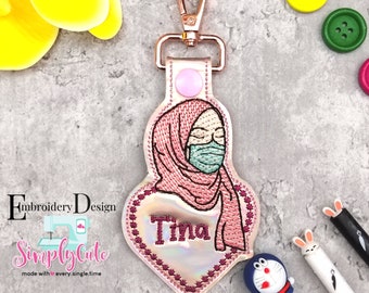 Personalize Girl wearing Face Mask Snap Tab , Embroidery Digital File Instant Download key fob, machine embroidery design, in the hoop