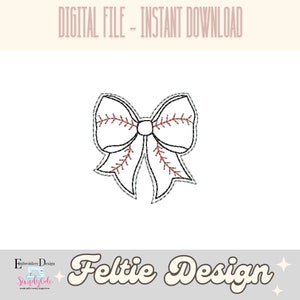May include: A white felt bow with red stitching, resembling a baseball, for crafting projects. The design is called "Feltie Design".