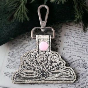 Floral book Embroidery Designs, ITH Machine Embroidery Designs, Book Lover Embroidery Designs, ITH Snap Tab, In The Hoop Key Fob, Mom gift